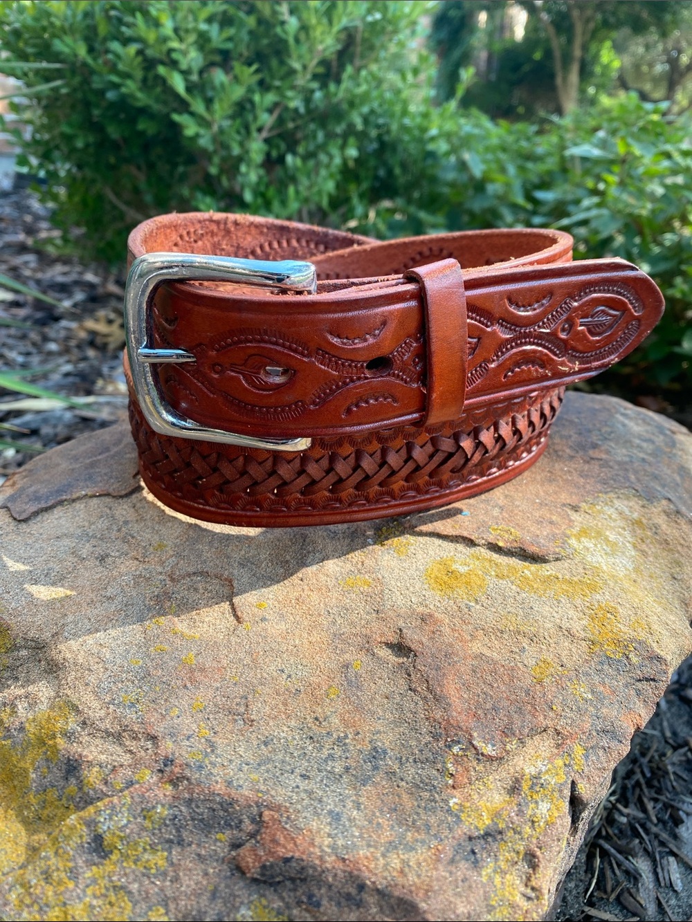 Handmade Tooled Brown Westerm Braided Leather Belt